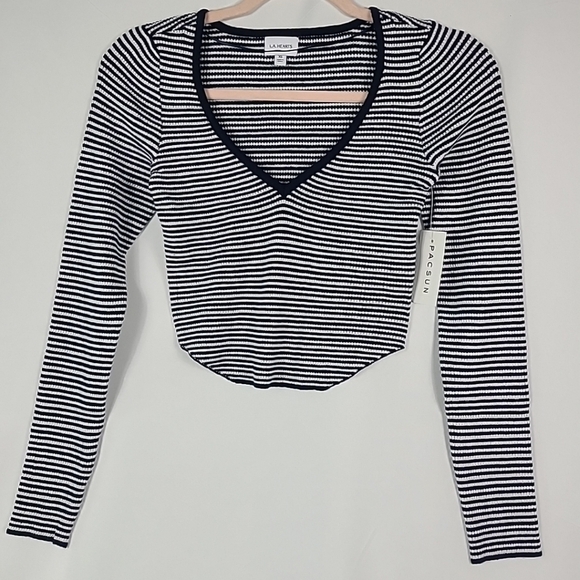 NEW PacSun LA Hearts Women's Striped Blue White Crop Ribbed Long Sleeve Top XS - Picture 1 of 6